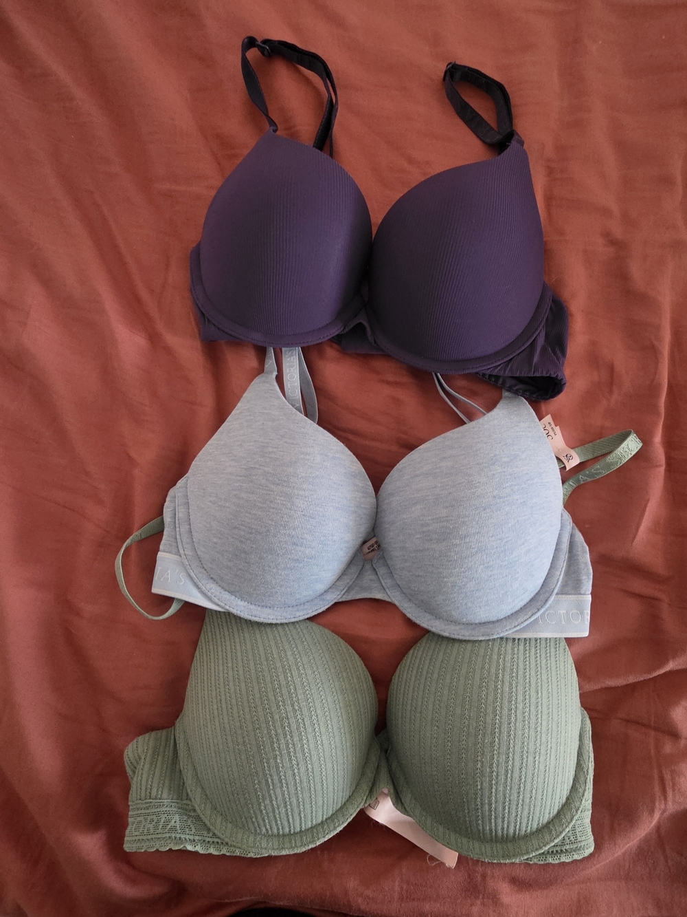 Victoria's Secret Purple, Light Gray & Olive Ribbed Push-Up Bra Set